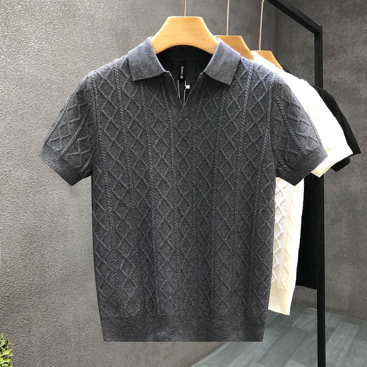 Men's Clothing Plus Size Men's Shirt Style Short Sleeved V Neck Business Collar Cable Knit T-Shirt For Formal & Casual_voghion.com