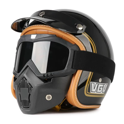 Motosiklet dəbilqələri – Electric Scooter Half Helmet Summer - m-bright-black-gold-rim-mask-goggles-free-hat-brim-face-towel