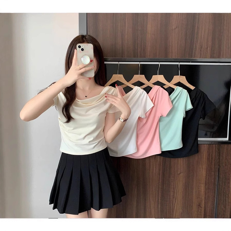 2025 Design New Style One Word Swing Collar Pleated Short-sleeved T-shirt Summer Slim-fit Slimming Spice Girls Short Top Sweet and Spicy 2025 Design New Style One Word Swing Collar Pleated Short-sleeved T-shirt Summer Slim-fit Slimming Spice Girls Short Top Sweet and Spicy