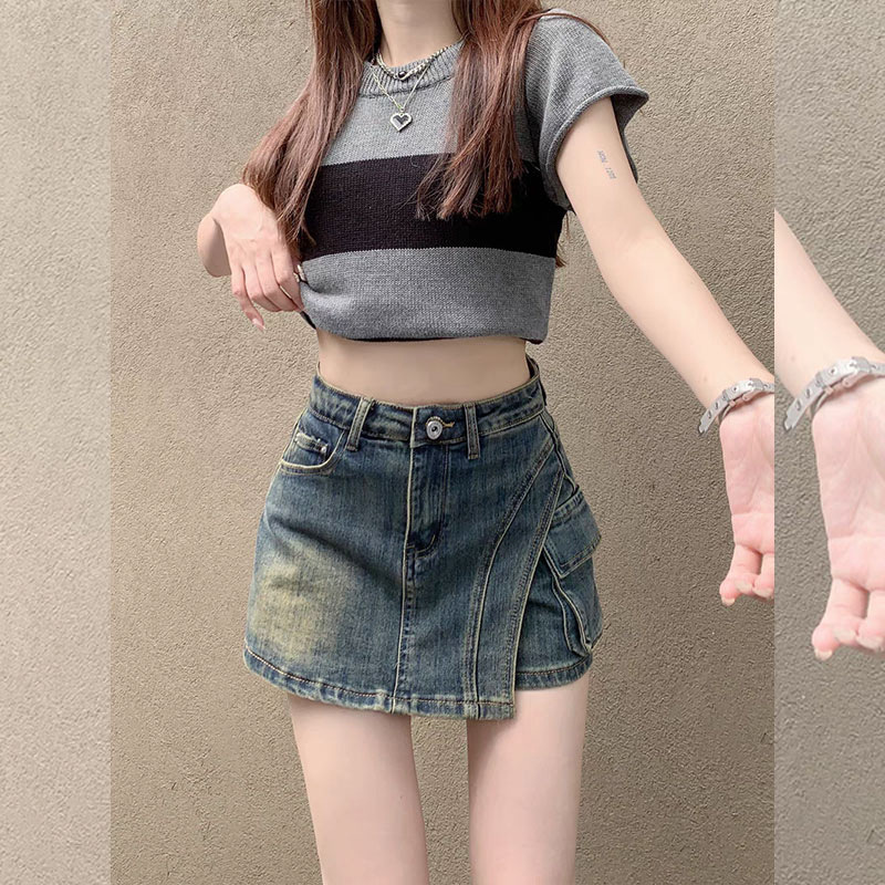 Plus-Size Vintage High-Waisted Denim Shorts for Women, New Summer Style with Irregular Pocket Design, Stretchy Versatile A-Line Skirt Shorts Plus-Size Vintage High-Waisted Denim Shorts for Women, New Summer Style with Irregular Pocket Design, Stretchy Versatile A-Line Skirt Shorts