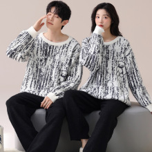 2024冬季新品半边绒情侣睡衣女冬加绒加厚保暖卡通可爱法兰绒男家