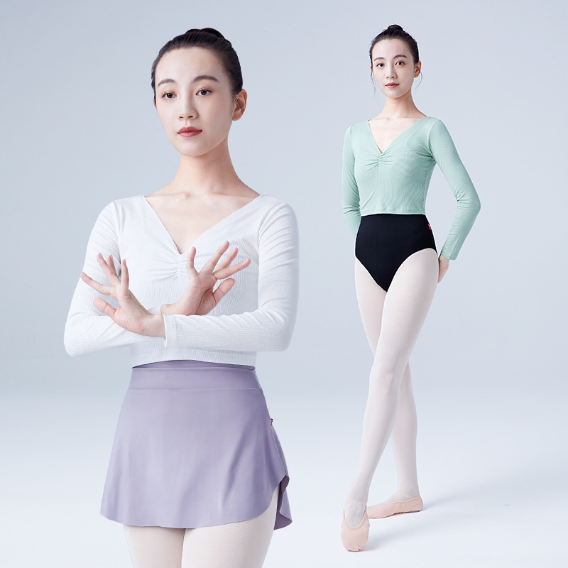 Ropa de baile para mujeres adultas práctica de ballet Jersey de primavera con cuello en V SLIM-Fit ropa de cuerpo de manga larga de punto superior caliente