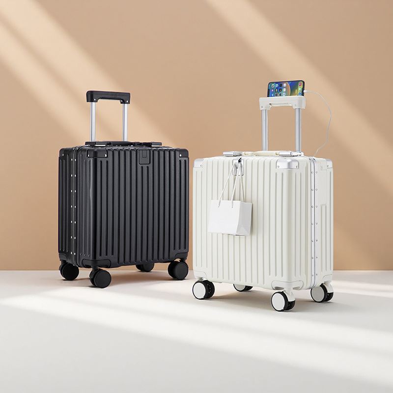 Equipaje con marco de aluminio de embarque de 18 pulgadas, maleta con ruedas nueva, maleta con ruedas, maleta con código, ligero, pequeño y duradero