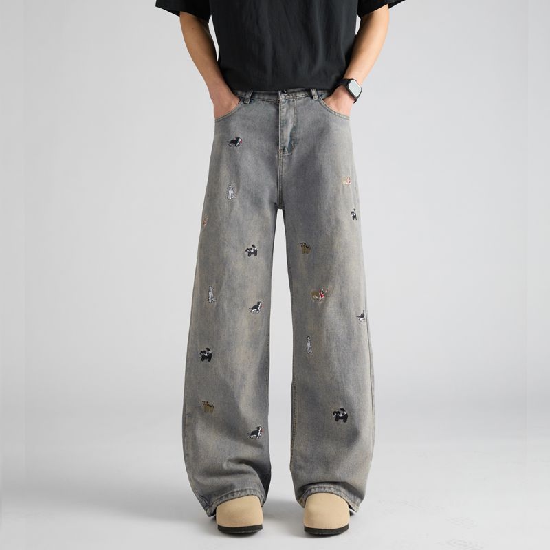 Diversión americana cachorro bordado jeans hombre verano 2026 nuevo pantalones de piernas largas de cintura alta recta