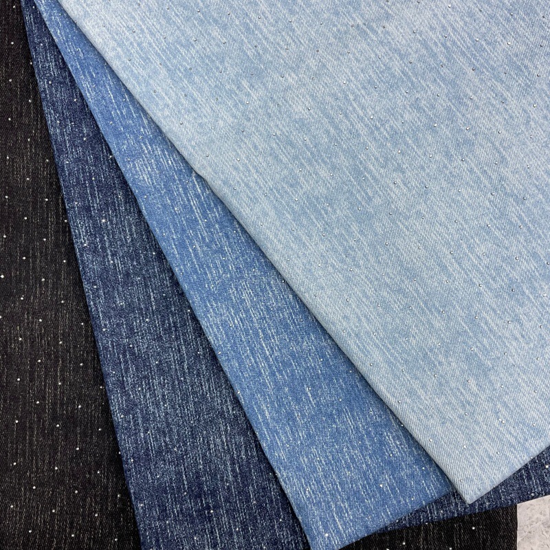 1.5cm Rhinestone Embellished Snowflake Print Washed Denim Fabric for Skirts, Jackets, and Bags - Wholesale Fabric 1.5cm Rhinestone Embellished Snowflake Print Washed Denim Fabric for Skirts, Jackets, and Bags - Wholesale Fabric