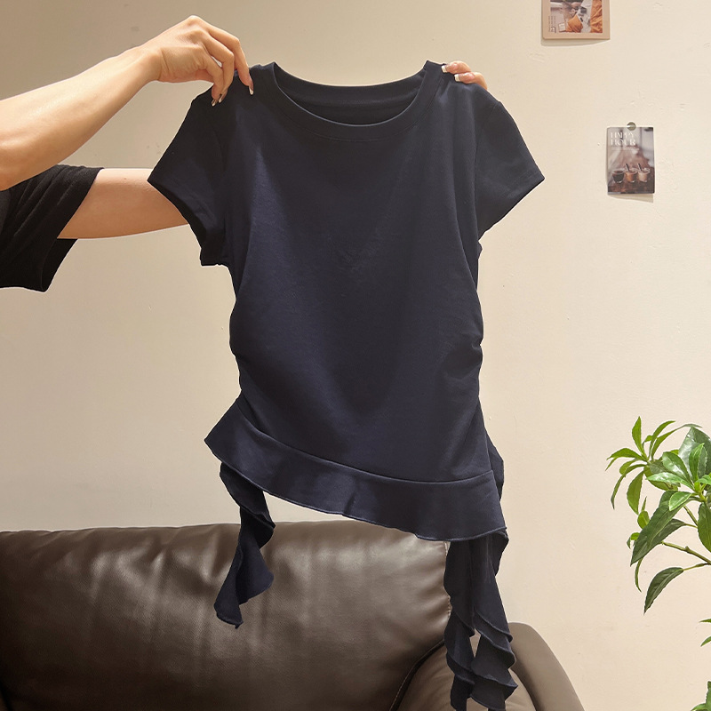 ミルクイエロー ラウンドネック 右肩半袖 Tシャツ レディース 2025 夏新作 イレギュラーヘム フリル スリムトップ|undefined