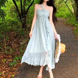 跨境挂脖无袖连衣裙子女小众设计感荷叶边海边度假吊带长裙速卖通