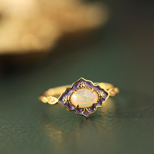 Lily Pad - New Oil Painting Series Opal Ring for Women, Retro High-End Original Design Ring, Gold-Plated