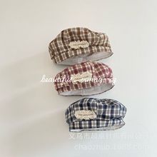 早秋新品森系女童蕾丝边格子贝雷帽儿童平顶蓓蕾