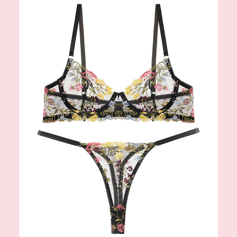 Foreign trade new embroidered floral strap underwear split suit versatile transparent sexy bra thong two-piece set