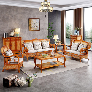 2024 New Arrival Handmade Rattan Furniture Chinese Indonesian Rattan Furniture Combination Living Room Wooden Frame Vintage Natural Furniture