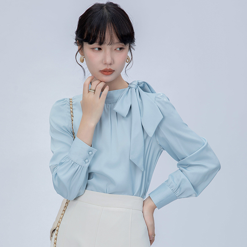 Bow Ribbon White Shirt Women's 2024 Autumn New Commuter Career Interview Satin Top
