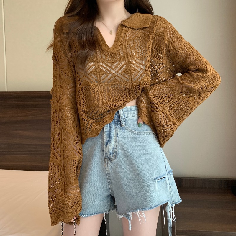 2024 verano agujero camisa de punto camisa de mujer con camisa de protección solar de cintura alta camisa corta suéter de manga larga camisa