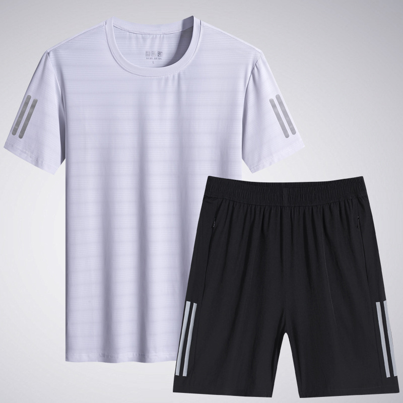 Traje deportivo de los hombres de verano nueva seda de hielo de manga corta Camiseta pantalones cortos más el tamaño de la ropa de entrenamiento de fitness correr ropa de secado rápido al por mayor