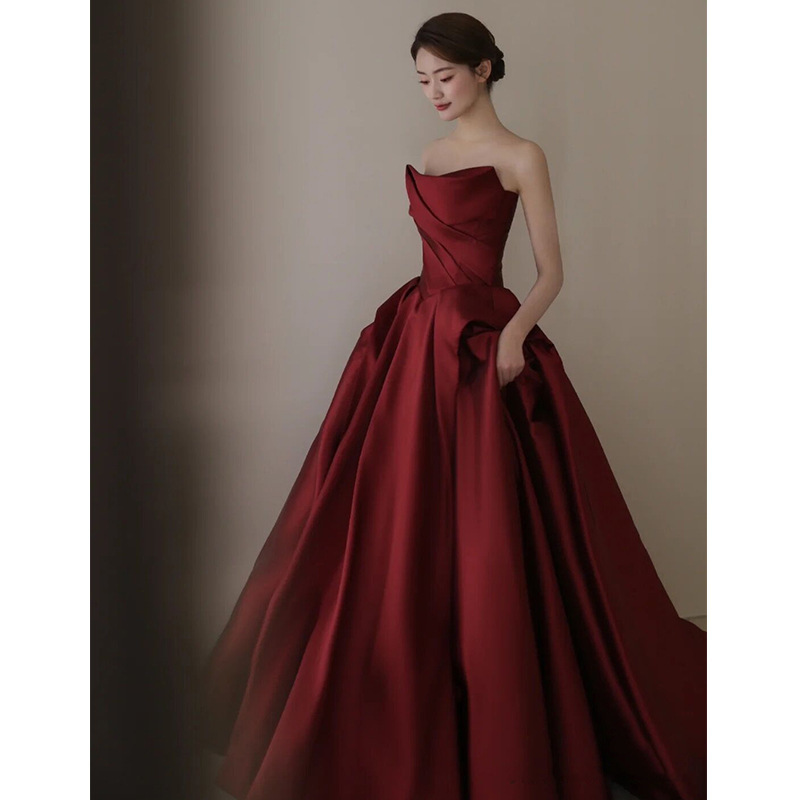 Satin Toast Dress, Bride's Burgundy Classy Wedding Dress, Women Can Usually Wear Niche French Home Engagement Dress