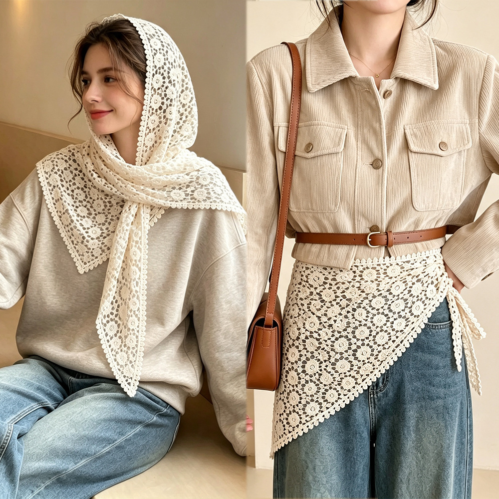 Triangle scarf, jeans, butt-covering skirt, lace trim, layered butt curtain, women's layered look, butt curtain shawl