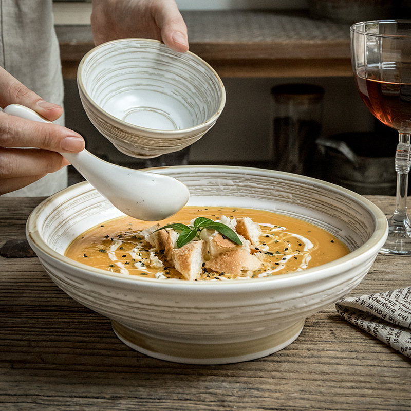 9 pulgadas gran tazón viejo tiempo en relieve texturas retro gran apertura tazón de superficie de gran capacidad tazón de cerámica exportación transfronteriza