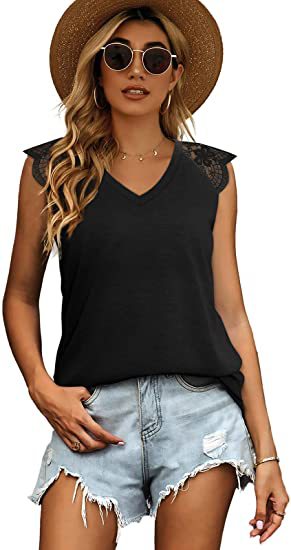 Abbigliamento da donna 2024 T-shirt canotta allentata in pizzo patchwork da donna estivo 2024 con maniche volanti_voghion.com