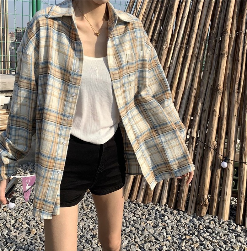 春と秋の新しい緑の格子のシャツのコートの女性の香港風の小さい大衆はカップルのシャツのins潮の学生の上着を設計します。|undefined