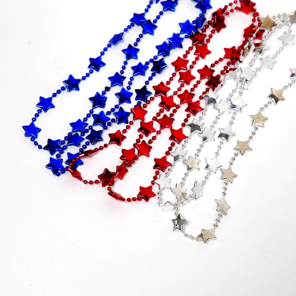 Collar decorativo con estrella del Día de la Independencia Americana, accesorios para la fiesta del Día de los Veteranos, cadena de cuentas con estrella de cinco puntas en rojo, plateado y azul.
