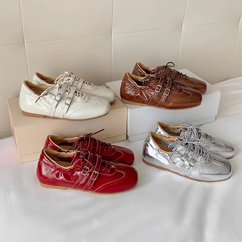 Soft Sheepskin~Genuine Leather 4cm Height-Increasing Ballet Trainers for Women, Double Buckle Lace-Up Racing Shoes, Casual Mary Jane Shoes Soft Sheepskin~Genuine Leather 4cm Height-Increasing Ballet Trainers for Women, Double Buckle Lace-Up Racing Shoes, Casual Mary Jane Shoes