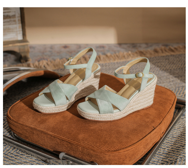 Sandal cao gót nữ hở mũi đế xuồng gót cao 9 cm, quai ngang đan dây thừng — Xanh lá cây nhạtcolor chi tiết 22