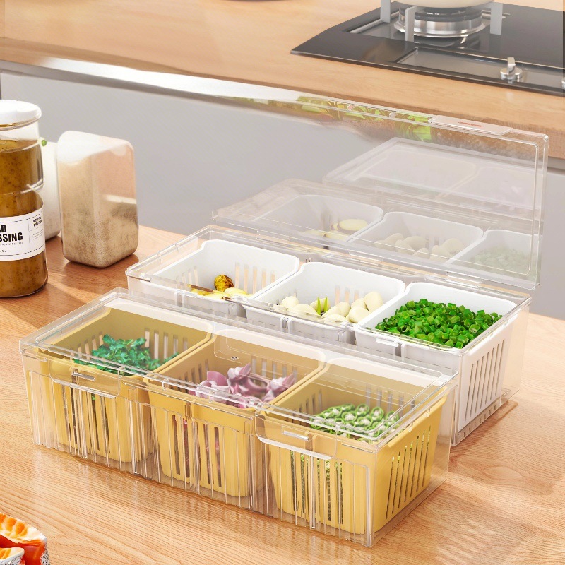 Caja de almacenamiento de frutas y verduras de cocina congelada caja de drenaje de doble capa refrigerador caja de refrigeración transparente