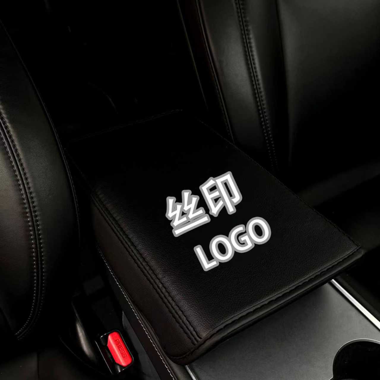 Leather Cover for: Tesla Armrest box pad - tesla-silk-screen-black-black-line