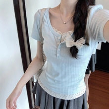 纯欲bm风蕾丝花边拼接假两件短袖T恤女甜辣叠穿显瘦内搭打底衫夏