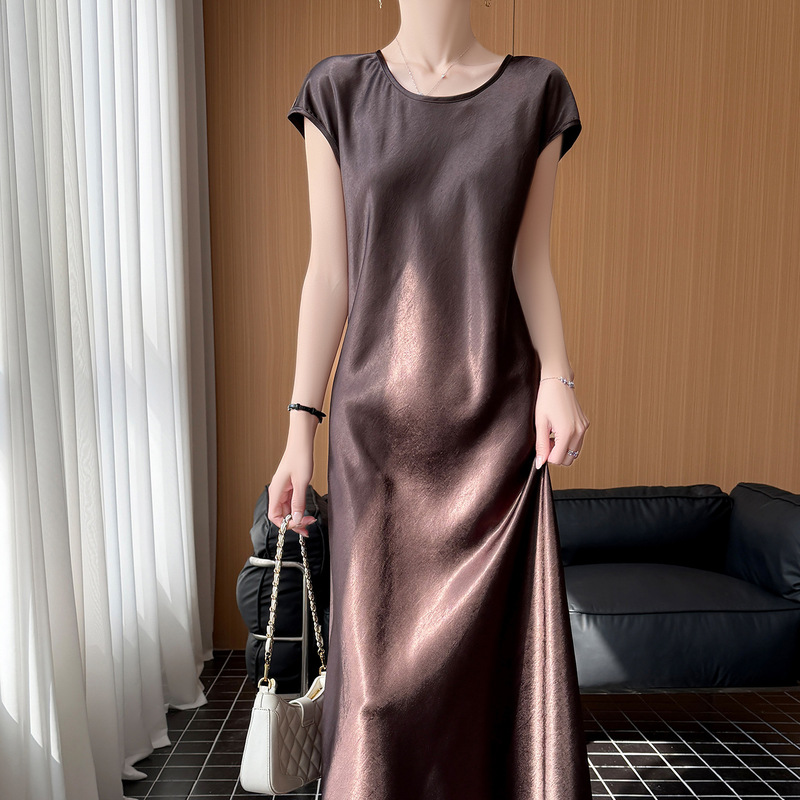 2026 Summer New Acetate Satin Round Neck Flutter Sleeve Dress for Women, Loose Fit, Slimming Pullover, Over-The-Knee Mid-Length Dress, Trendy 2026 Summer New Acetate Satin Round Neck Flutter Sleeve Dress for Women, Loose Fit, Slimming Pullover, Over-The-Knee Mid-Length Dress, Trendy