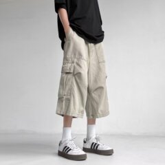 夏の日系工装七分ズボン大ポケットトレンドゆるいズボンカジュアルパンツ痞帅高級感薄い男性パンツ