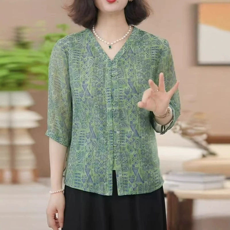 2025 новых летних шифоновых рубашек для женщин среднего и пожилого возраста, топов, рубашек в западном стиле, тонких рубашек со средним рукавом