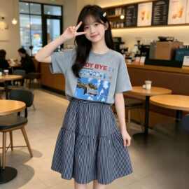 灰色慵懒松弛感套装裙女2026夏新款韩系字母印花T恤半身裙两件套