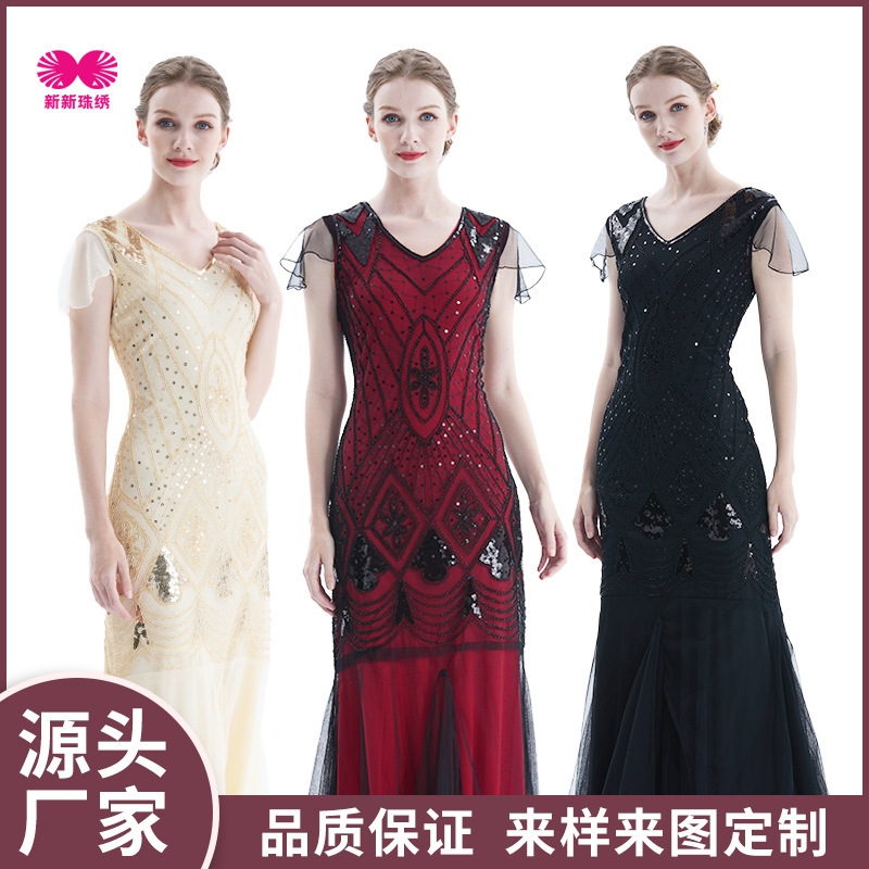 1920s foreign trade new handmade embroidery beaded sequins Amazon dress European and American banquet small dress batch
