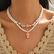 欧美外贸波西米亚时尚新款沙滩海洋风不规则海螺陶瓷小鱼多层项链