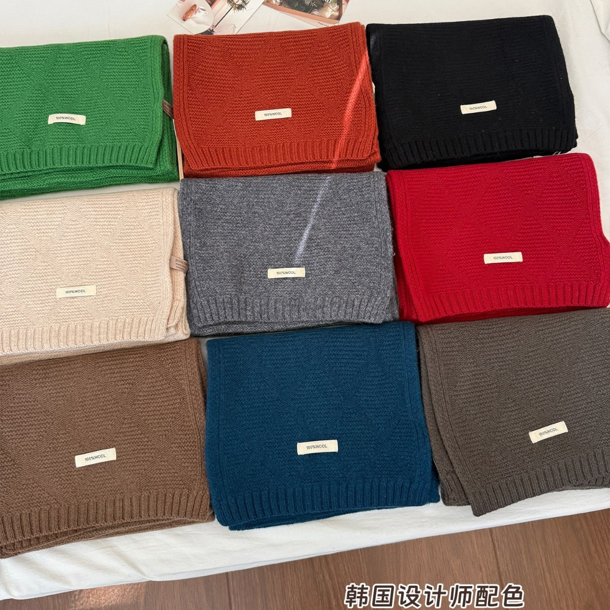 Korean Designer 100% Pure Wool Knitted Scarf for Women in Winter, Versatile Pure Color, High-End, Warm and Breathable Scarf