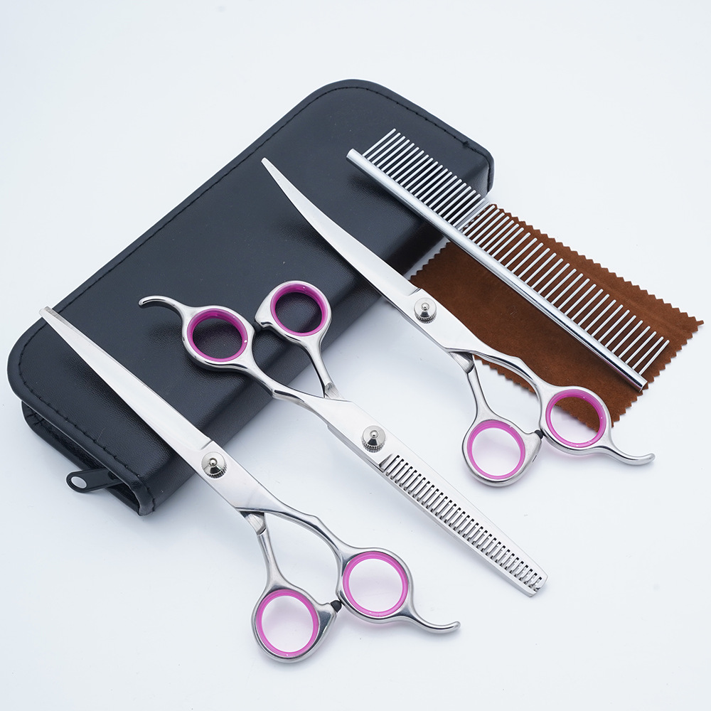 Tijeras para mascotas Tijeras de belleza para perros de acero inoxidable Tijeras curvas de 7 pulgadas Tijeras de dientes de recorte de pelo de gato Juego de tijeras planas para peluche