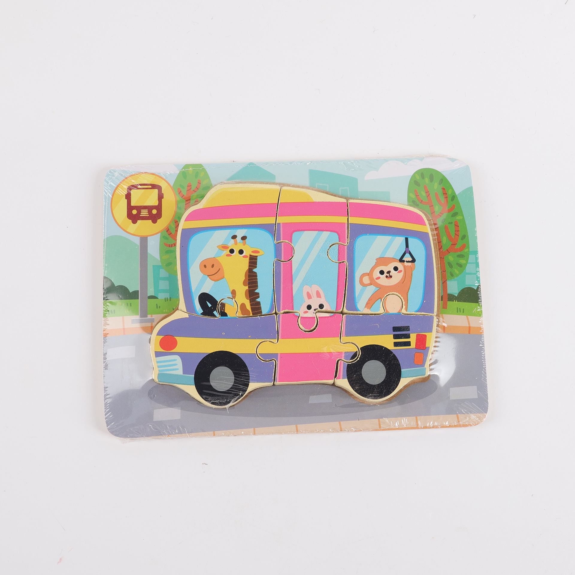 Puzzle de madera plano pequeño puzzle infantil juguetes de dibujos animados animales de tráfico cognitivo bloque al por mayor
