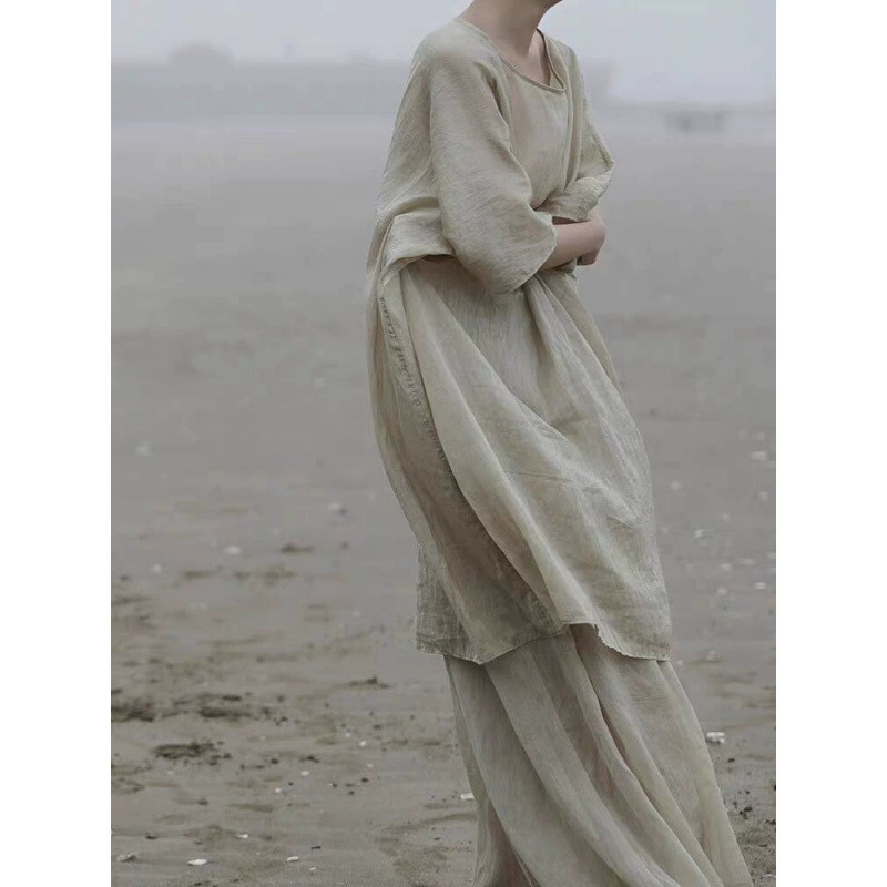 Лето 2025 новый китайский стиль в стиле среднего рукава топ с подвеской широкие брюки