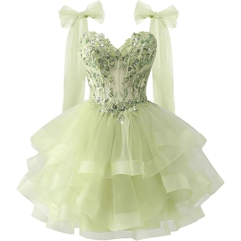 Tiered Tulle Homecoming Dresses Sparkling Lace Appliques Bow Straps Junior Short Prom Dresses