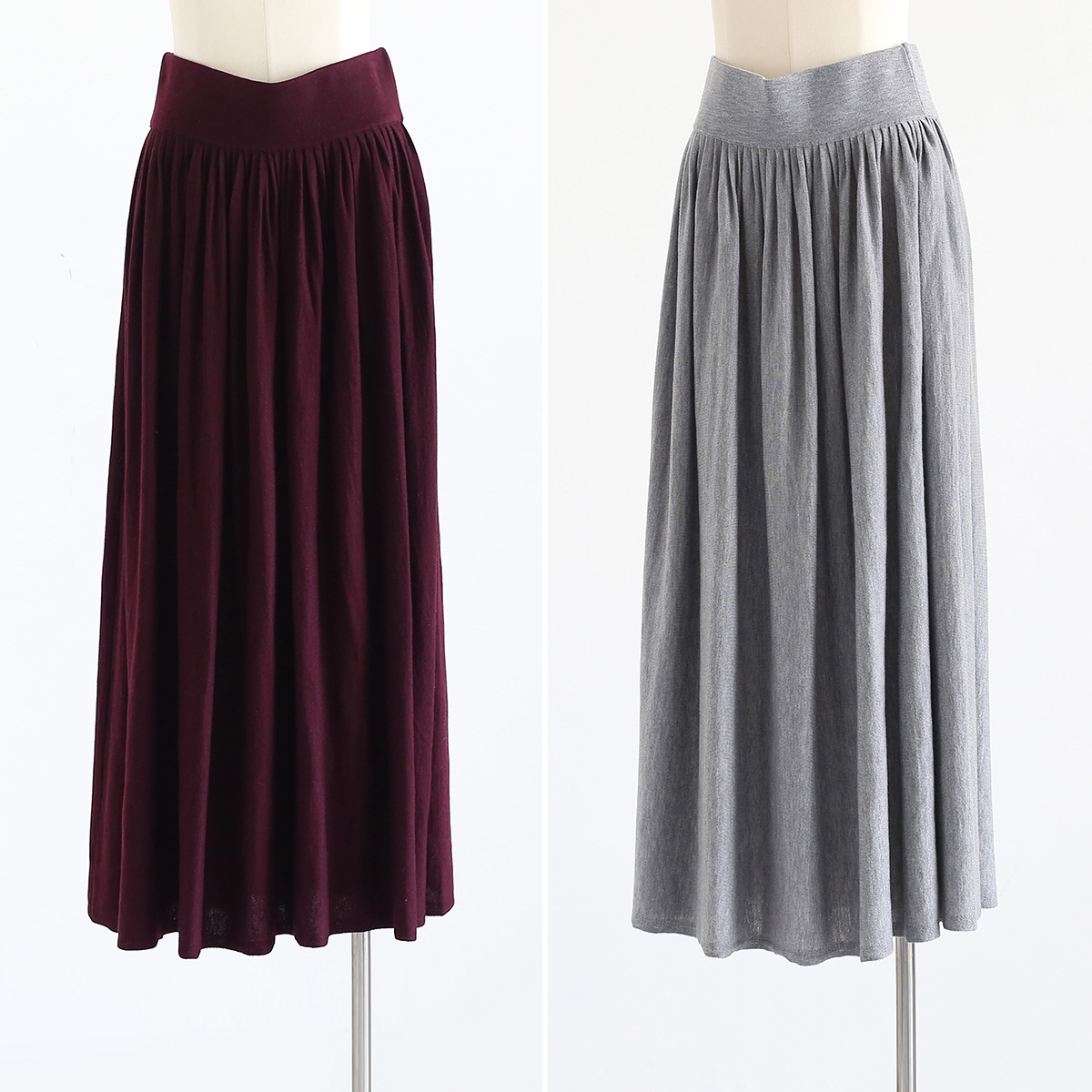 秋冬法式气质时髦高腰宽腰头褶皱针织大摆裙纯色中长款显瘦半身裙