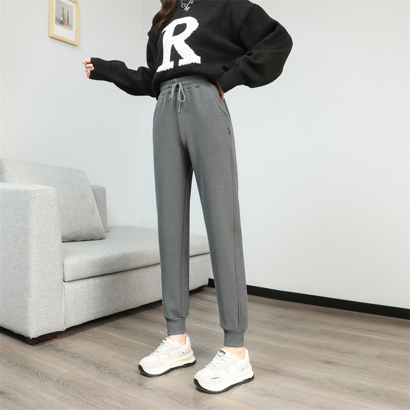 法米姿 羊羔绒运动加绒裤女新款加厚卫裤高腰显瘦束脚休闲裤哈伦