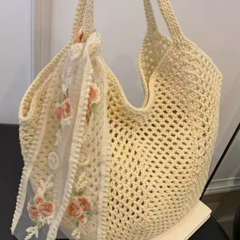 新しい脇の下レイジービーチバッグ女性のための大容量綿糸中空織り海辺の休暇ショルダートート|undefined