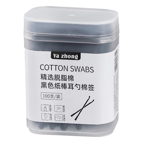 Double-ended dual-purpose 2-in-1 black absorbent cotton swabs ear scoop makeup household disposable cotton swabs for cleaning ears 100 pieces