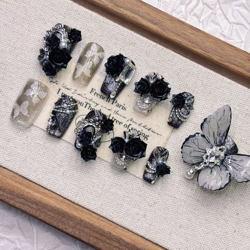 11-Piece Dark Black Series Ultra-Fairy Butterfly Summer New High-Quality Heavy-Duty Fake Nails Short Style Pure Handmade Wearable Nails 11-Piece Dark Black Series Ultra-Fairy Butterfly Summer New High-Quality Heavy-Duty Fake Nails Short Style Pure Handmade Wearable Nails