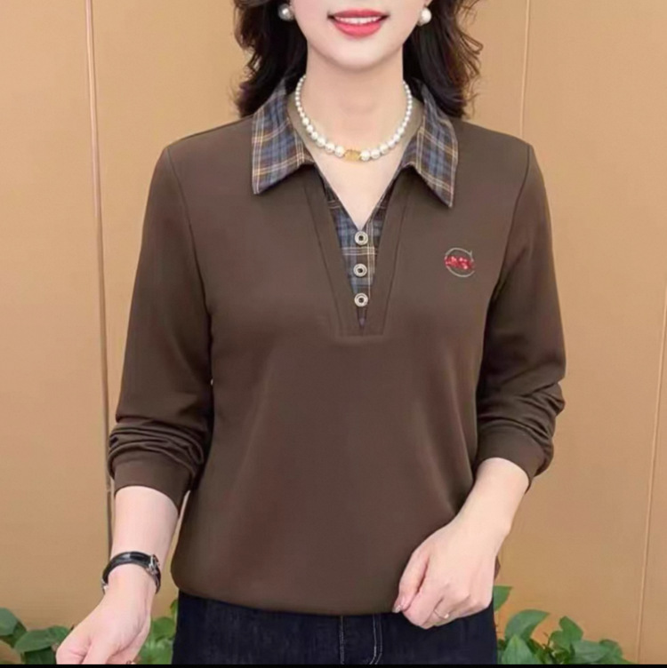 一件代发直播爆款2025春秋季新款翻领假两件长袖T恤女上衣妈妈装|undefined