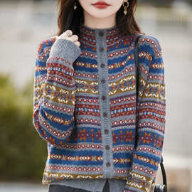 2025年秋冬新款浣熊绒七针加厚半高领针织开衫长袖提花保暖上衣女