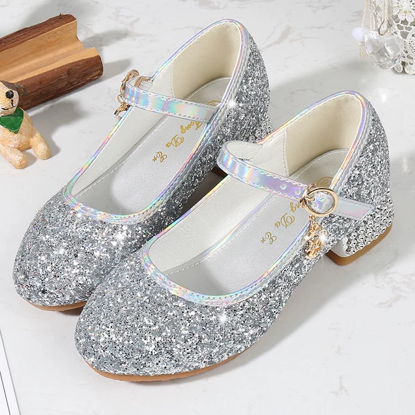 Girls High Heels, Kidsren's Crystal Shoes, Girls' Leather Shoes, Small Host with Dress, Piano Performance, Silver Princess Shoes