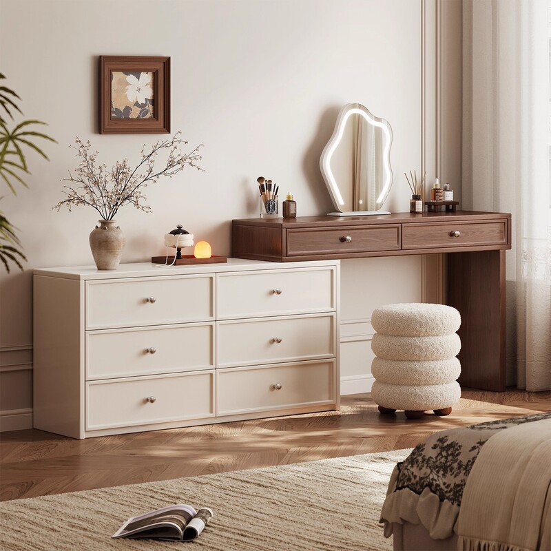Carefully Selected Autumn-Style Vintage Dressing Table and Chest of Drawers Combo, New Solid Wood Corner Dressing Table with Lacquered Finish for Master Bedroom