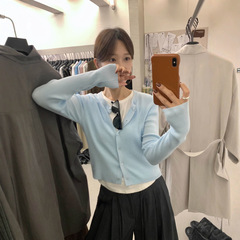 MISS密思家秋季韩系气质显瘦百搭坑条单排扣圆领长袖针织衫女1728